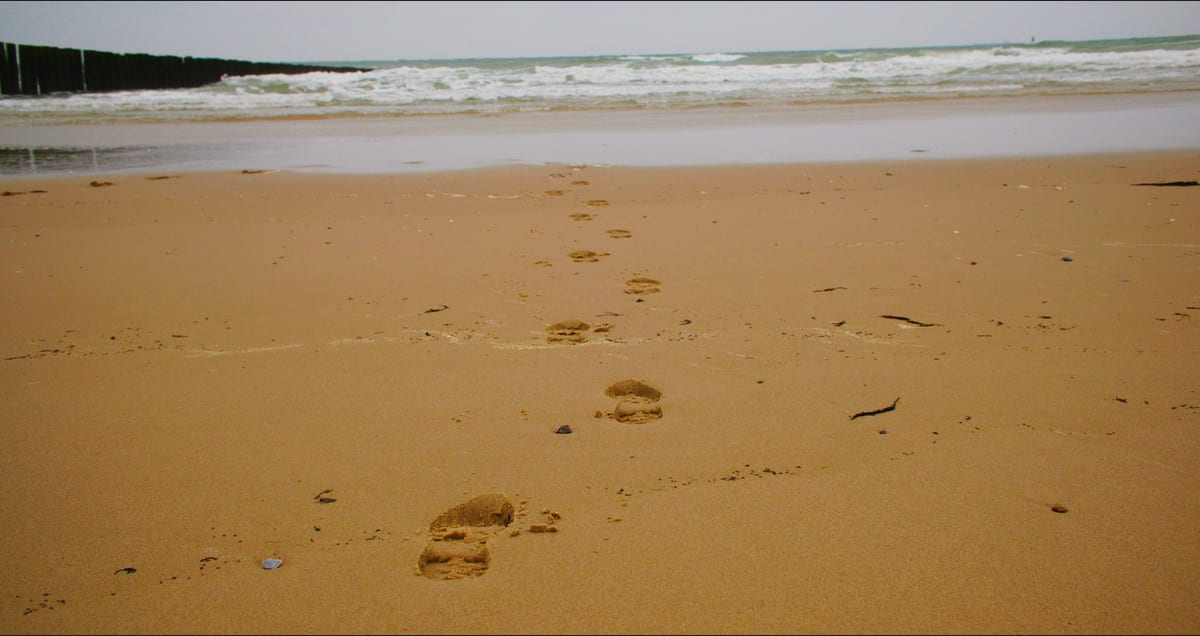 A single set of footprints in the sand leading toward the sea, with wooden groynes along the shore