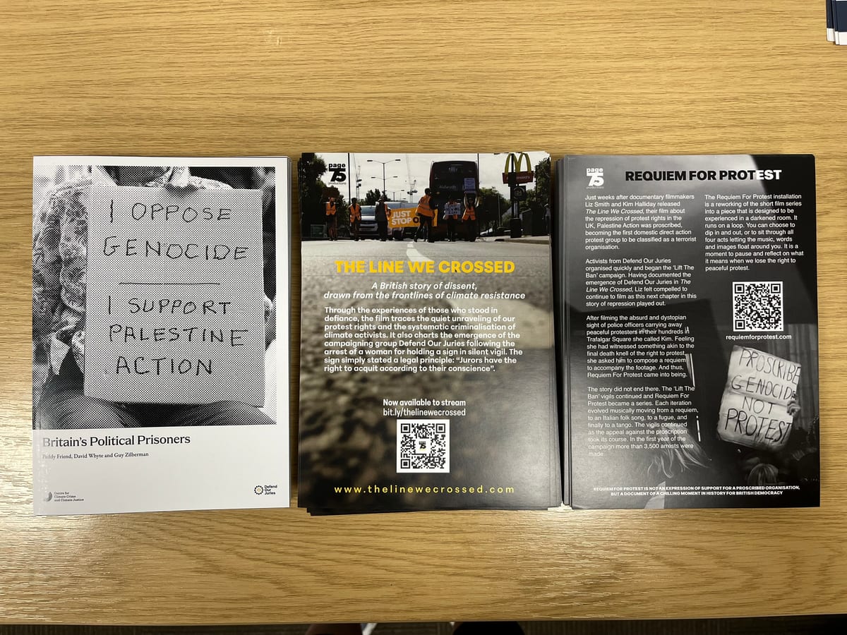 A close view of the take-away flyers laid out side by side.